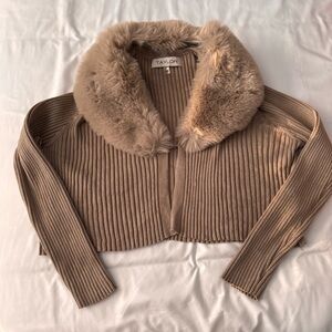Taylor Faux Fur Collar Ribbed Tan Cropped Cardigan Sweater